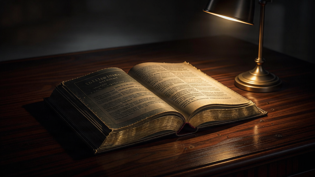 Premium open scholarly commentary book on a dark mahogany desk with golden light