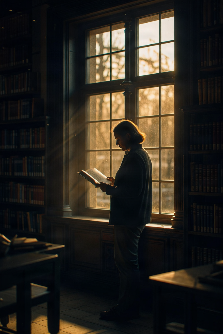 A lone reader silhouetted against a library window at dusk