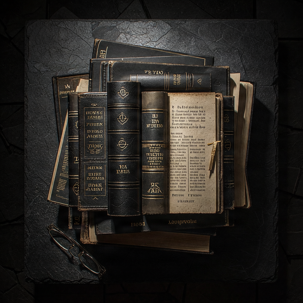 Stack of scholarly books flat lay on dark stone