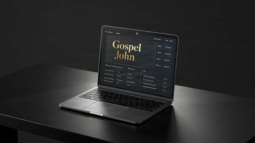 Gospel of John Bible study interface displayed on a MacBook Pro